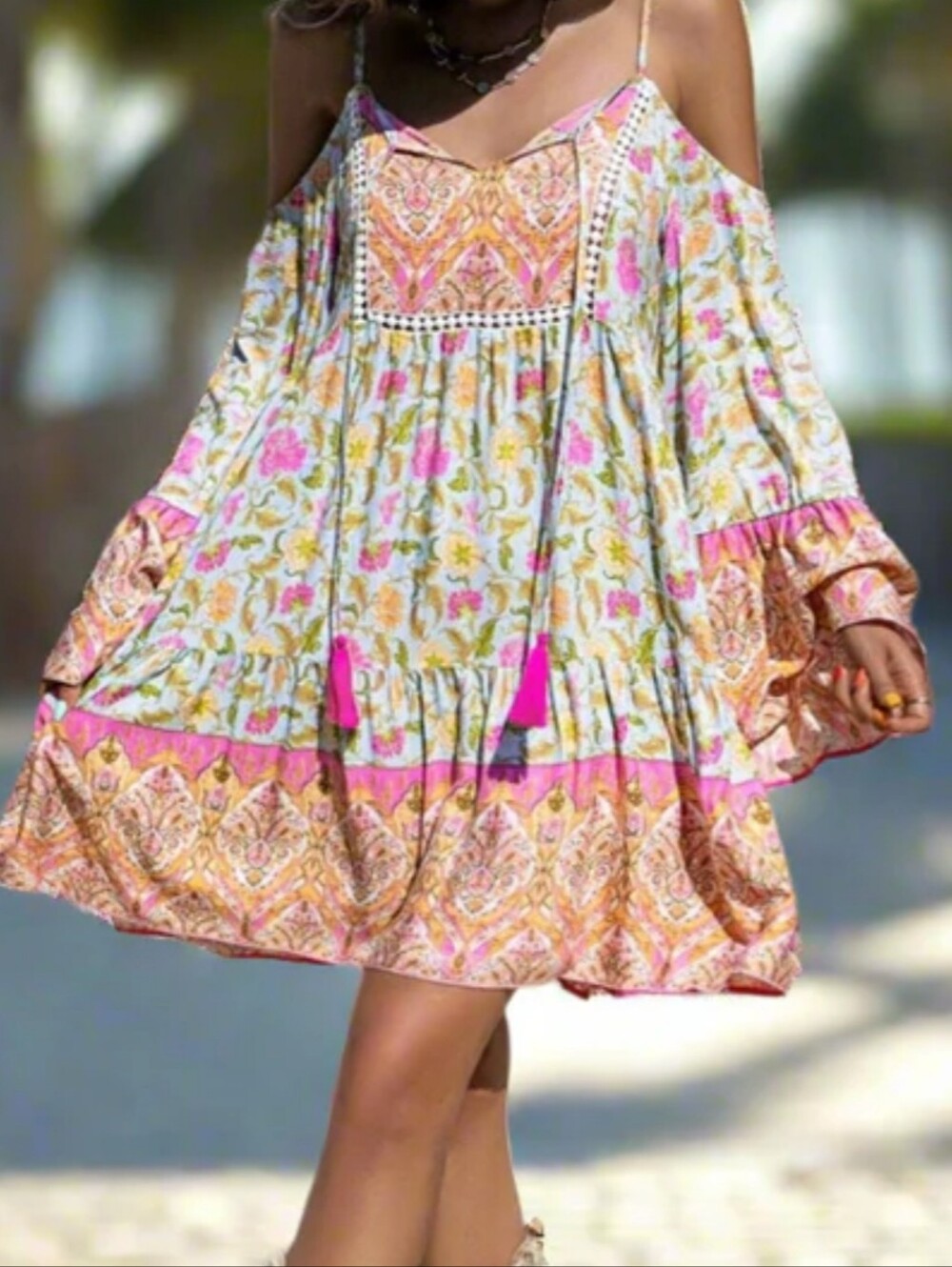 Boho Chic Floral Playero Dress with Arrows And Ties Size S